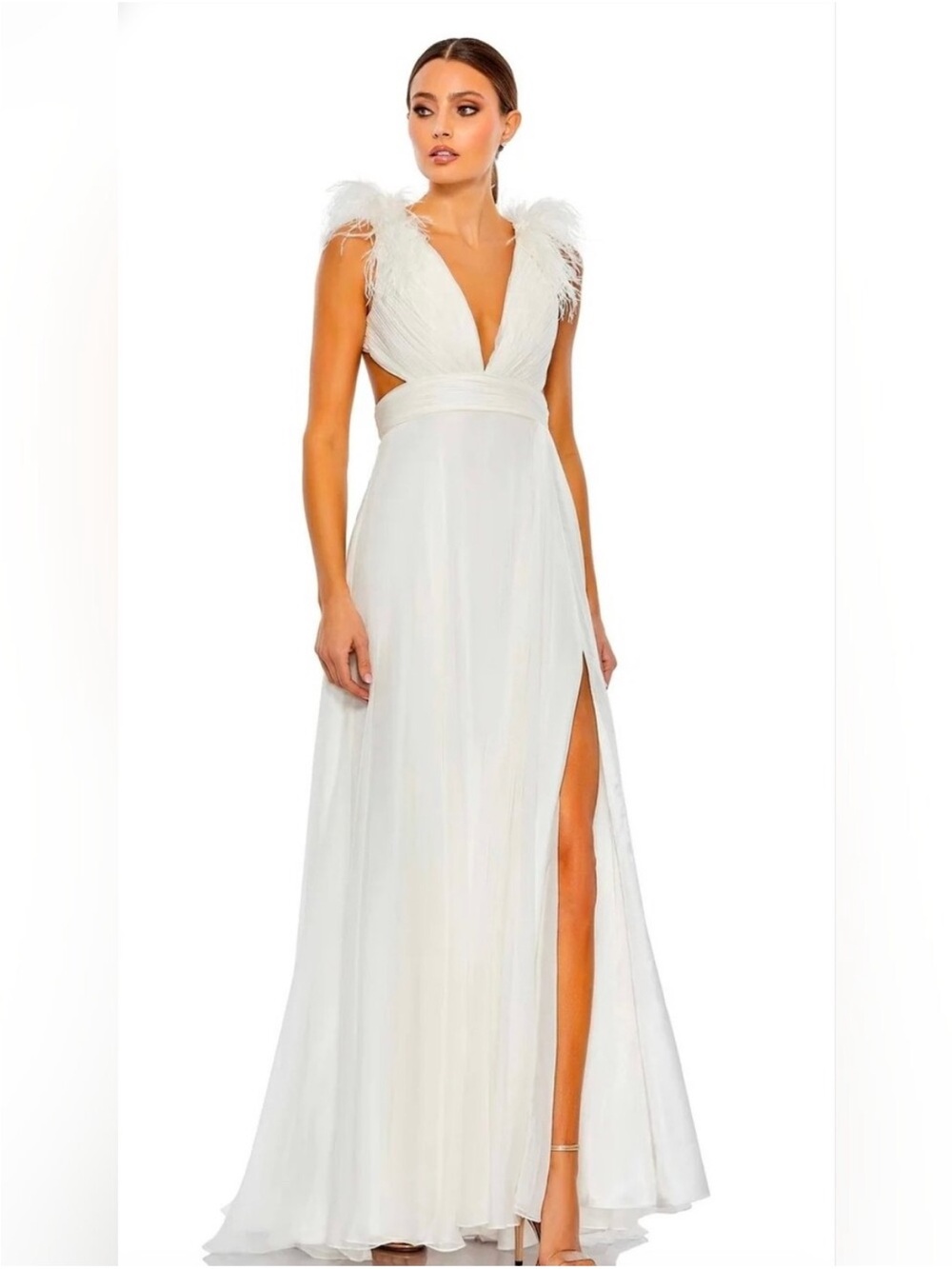 Mac Duggal White Feather-Trim V-Neck Maxi Gown